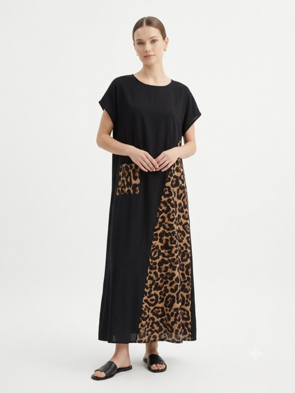 Emery Rose Dress Black Maxi Leopard Shift Festival Minimalist XL